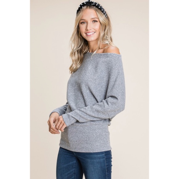 SOLD OUT Gray Solid Ribbed Off Shoulder Dolman Sweater - Picture 4 of 6